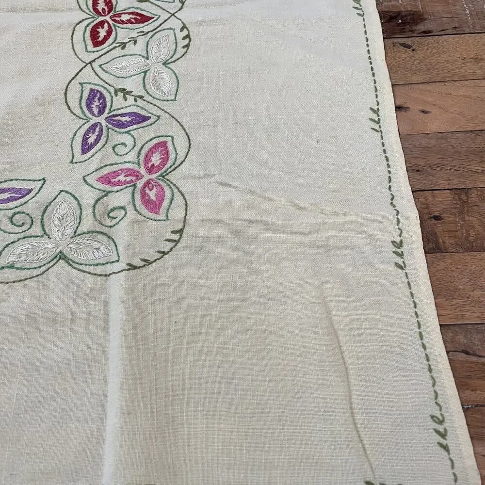 Hand-Embroidered Linen Kitchen Towel 29 x 33 in Yellow w/ Multicolor Floral